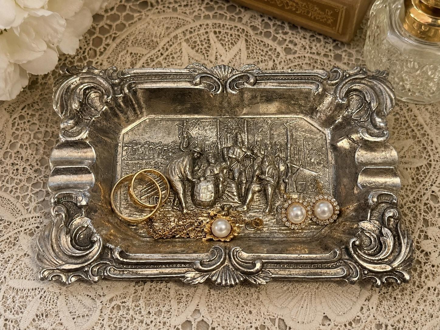 Vintage Japanese Silverplate Trinket Tray | Dutch Village Scene Relief | Rococo Catchall | Mid-Century Japan Decor