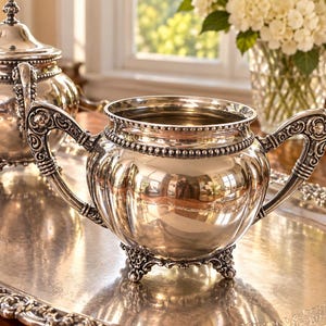 May include: A polished silver sugar bowl with two ornate, scrolled handles and a beaded rim. The bowl features a rounded, ribbed body supported by three decorative feet, reflecting the surrounding room on its smooth, metallic surface.