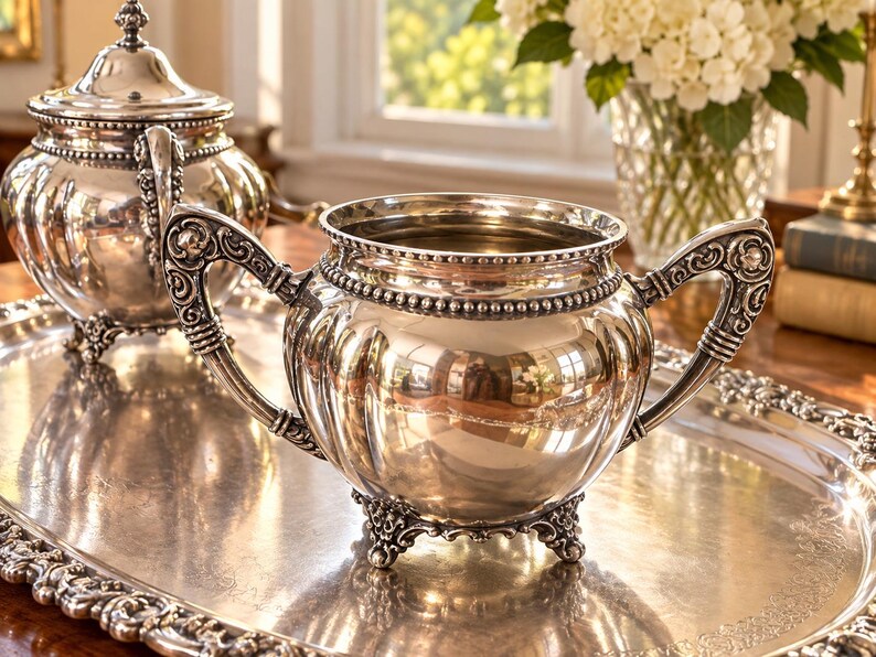 May include: A polished silver sugar bowl with two ornate, scrolled handles and a beaded rim. The bowl features a rounded, ribbed body supported by three decorative feet, reflecting the surrounding room on its smooth, metallic surface.