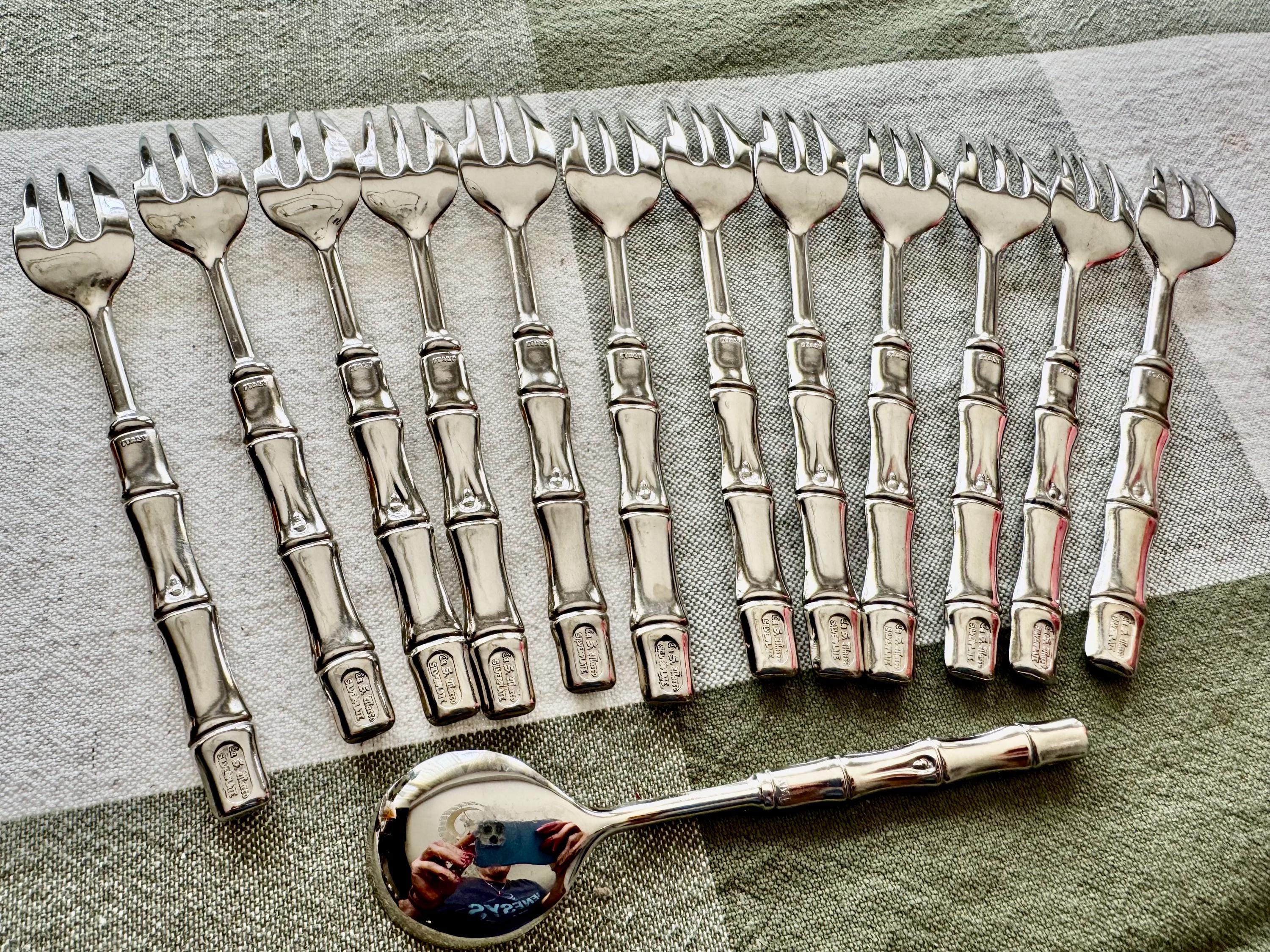 Vintage Italian Silver Plated Bamboo Flatware Set – 12 Hors d’Oeuvres Forks & Sugar Spoon