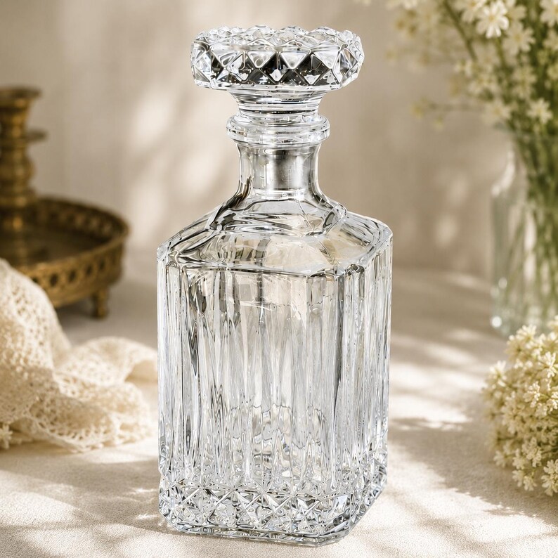 May include: A clear, square-shaped crystal decanter with a faceted stopper. The decanter has vertical lines on the body and diamond-shaped patterns at the base and stopper. The background includes a vase of white flowers and a decorative tray.