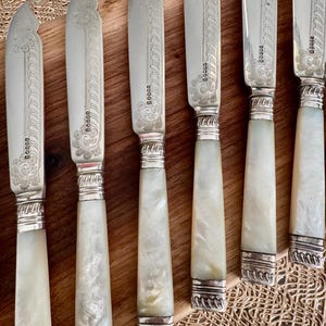 Pu&ograve; includere: Set di sei coltelli da burro in argento con manici in madreperla. Ogni coltello ha un design inciso e la parola "Rogers" sulla lama.
