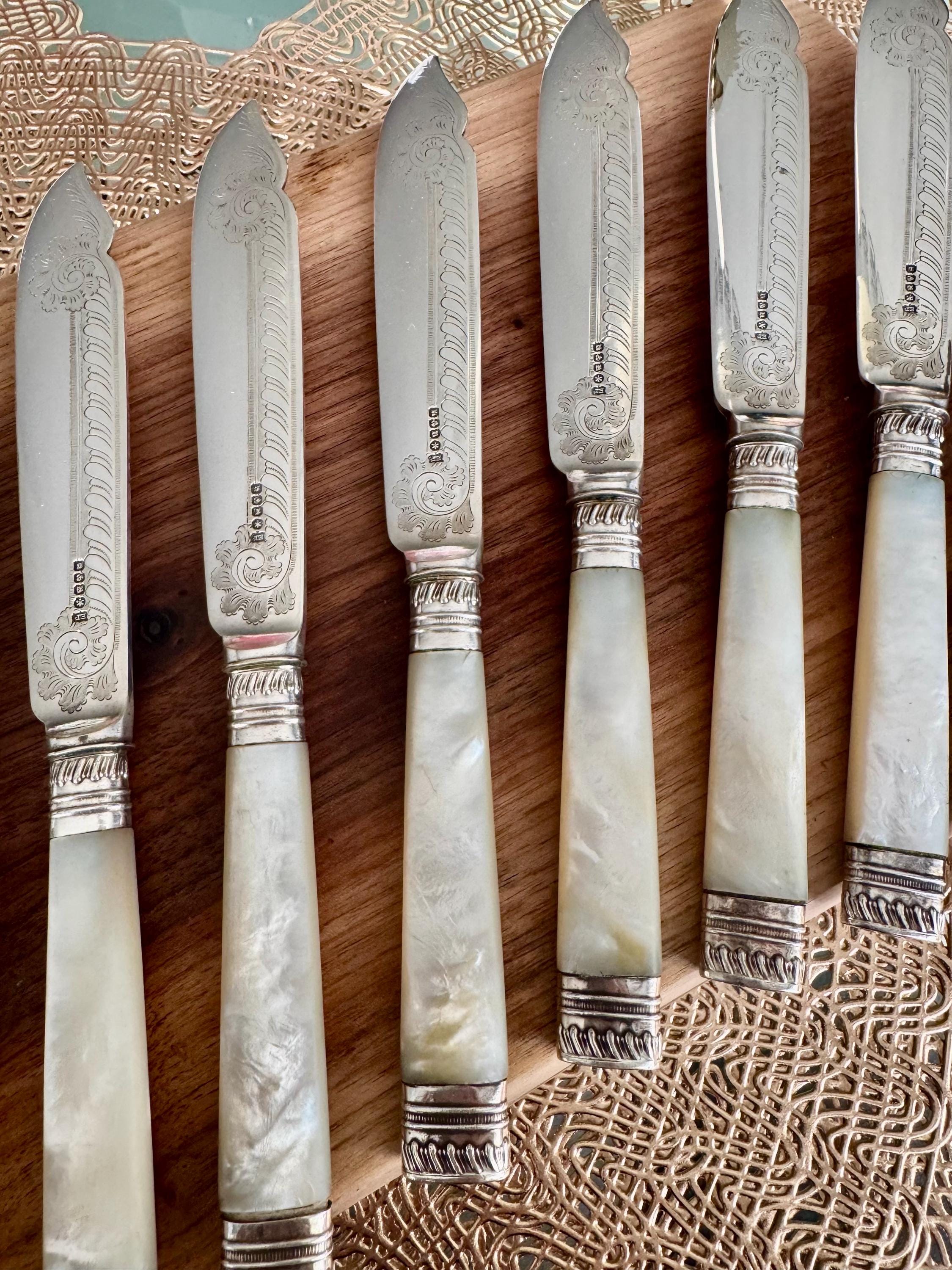 Vintage Mother of Pearl Silverplate Knives: Engraved Elegant Set of 10