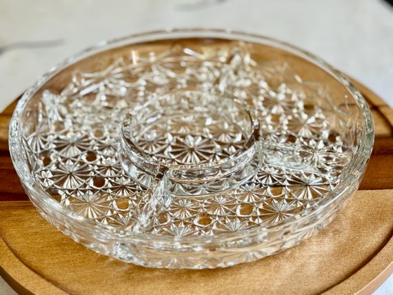 Vintage Crescendo France Crystal Sectional Relish Dish – 10″ Divided Serving Tray with Center Dip