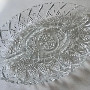 Vintage Pressed Glass Divided Relish Dish – Starburst & Diamond Pattern – Made in France Five Section 12.5”