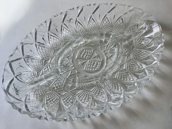 Vintage Pressed Glass Divided Relish Dish – Starburst & Diamond Pattern – Made in France