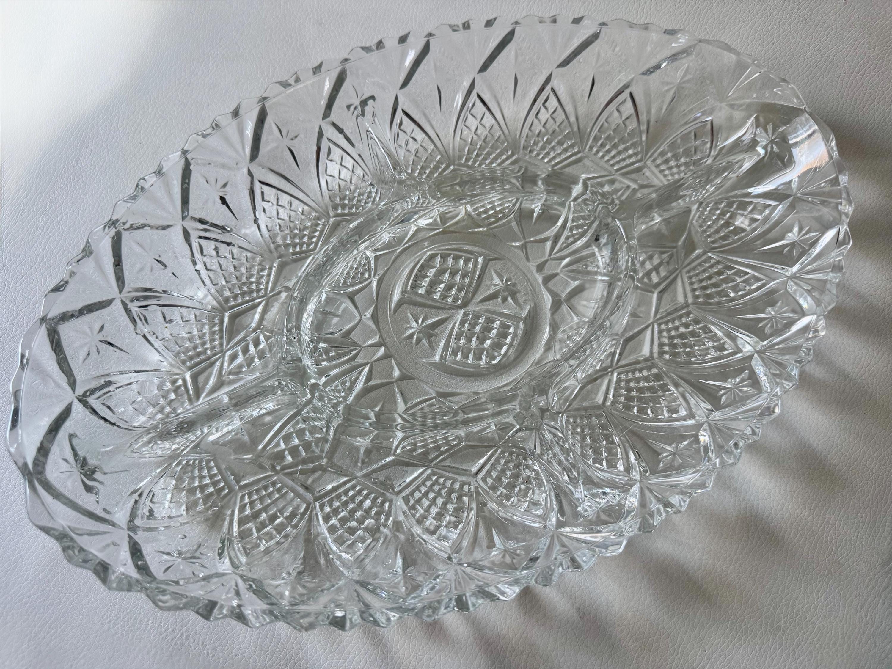 Vintage Pressed Glass Divided Relish Dish – Starburst & Diamond Pattern – Made in France