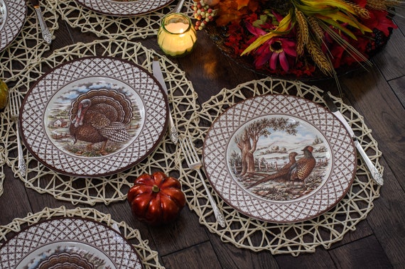 New Transferware Fall Thanksgiving Theme - Dinner Plates 11” - Chantilly Royal Stafford - Made in England