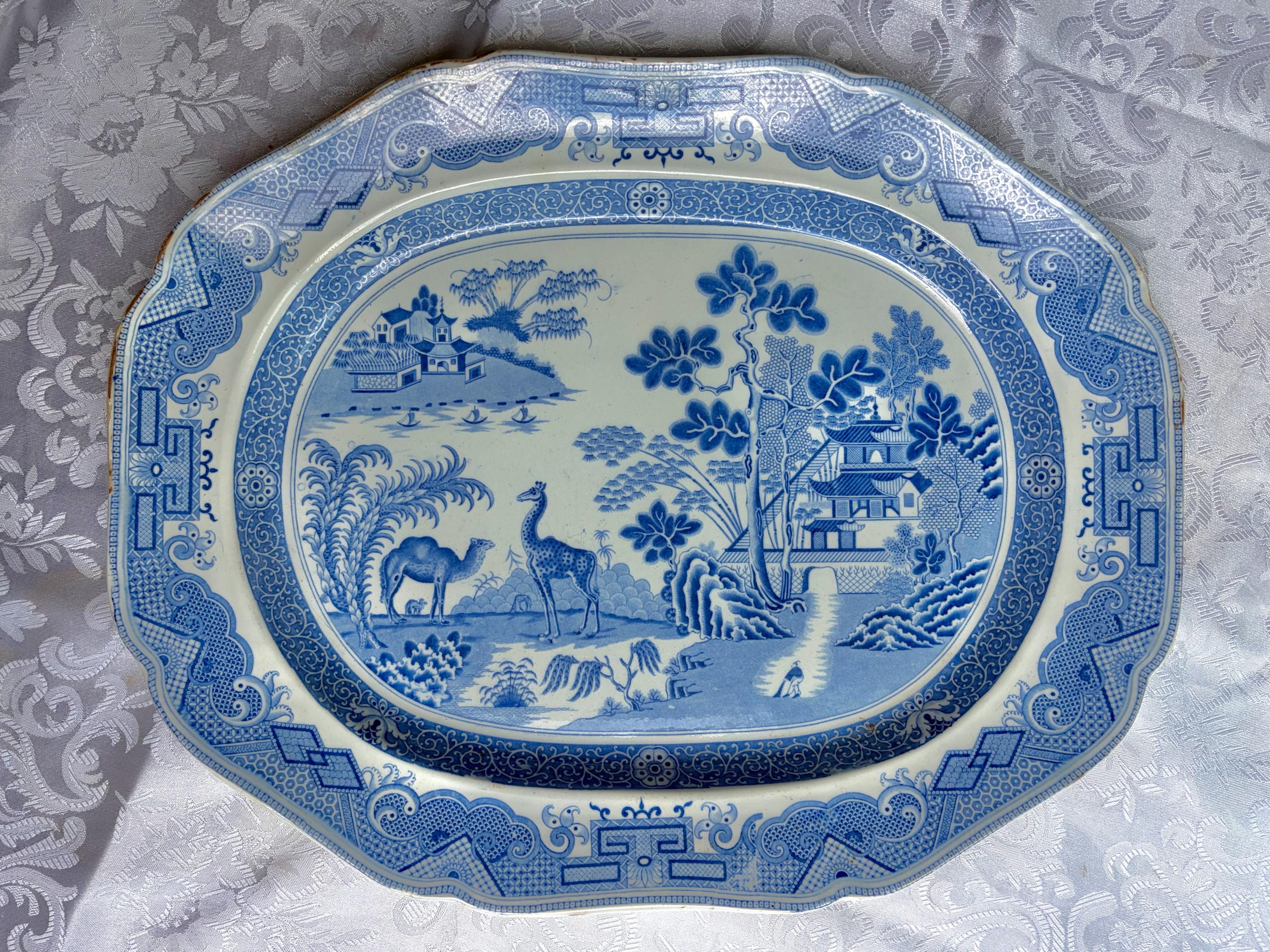 Rare Antique Blue & White Transferware Chinoiserie Platter | Oriental Landscape with Camel and Giraffe | c.1800–1840 | Sold Individually