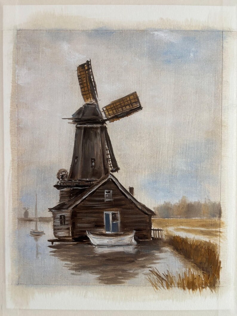 Original 8x10 Landscape Painting by Toronto Artist Vadim – Framed Cottage or Windmill Art immagine 5