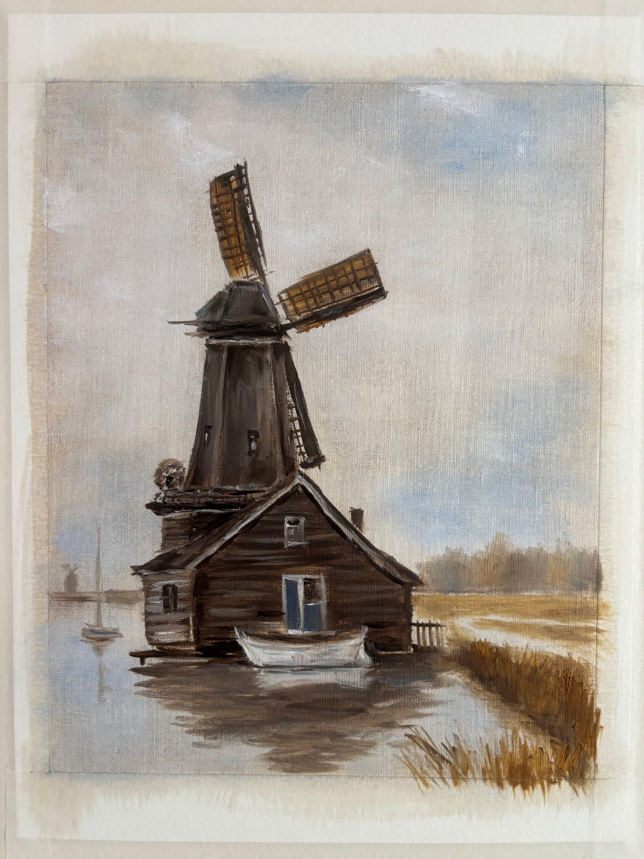 Original 8x10 Landscape Painting by Toronto Artist Vadim – Framed Cottage or Windmill Art