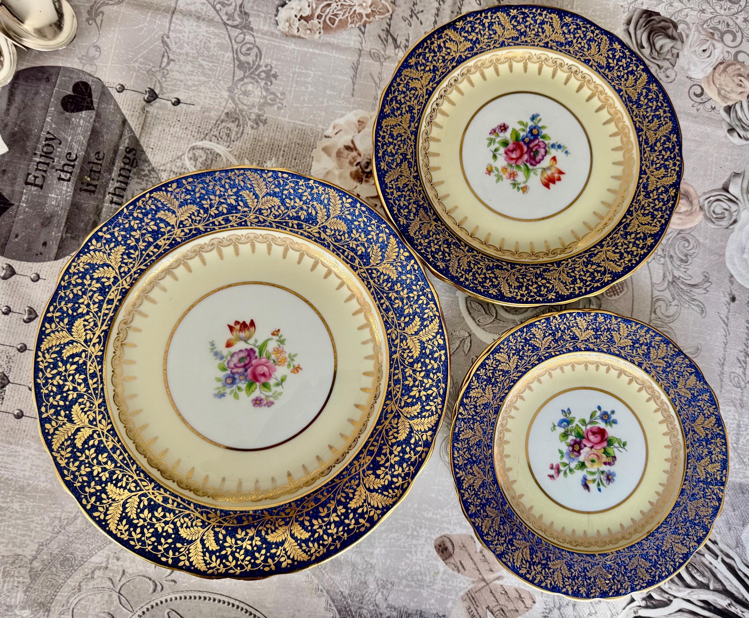 Vintage Aynsley Cobalt Blue Gold Encrusted Fine Bone China Dinner Set for Two