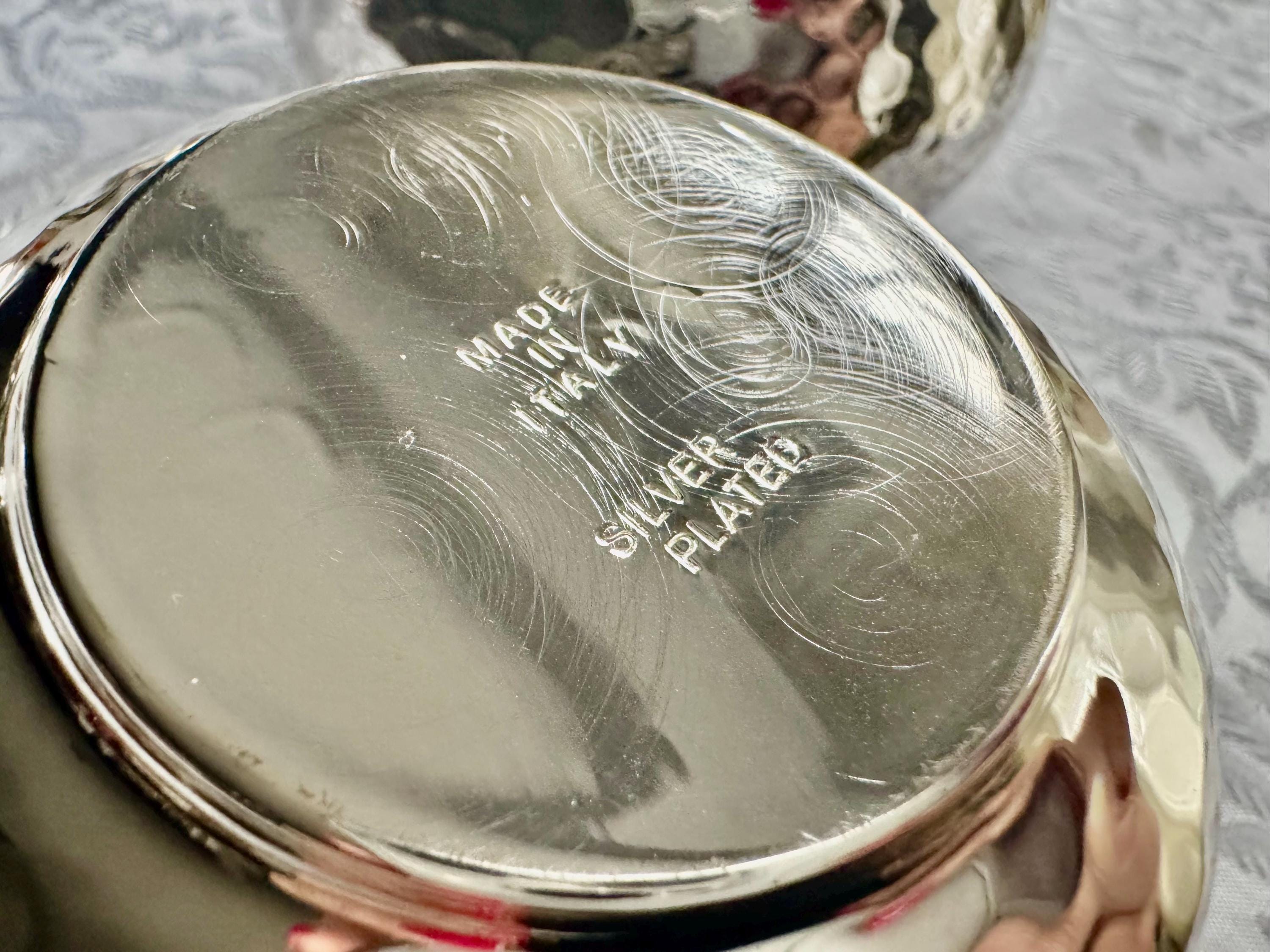Italian Hammered Silverplate Bowls or Planters — Polished Reflective Vintage Pair