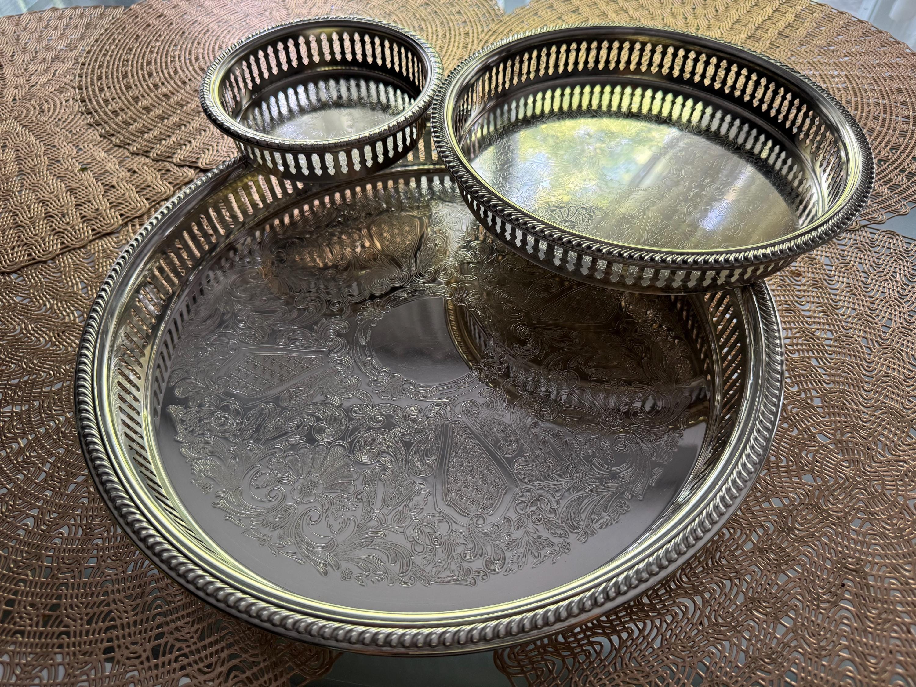 Vintage Silverplate Gallery Trays – Ornate Round Serving Trays with Pierced Sides