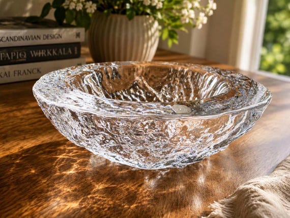Vintage Iittala Ice Block Crystal Bowl by Tapio Wirkkala – Mid-Century Scandinavian Art Glass
