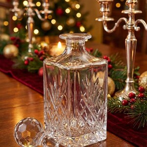 May include: A clear, square-shaped crystal decanter with a faceted stopper. The decanter features a diamond and leaf pattern. The image is set on a wooden table with a red runner, candles, and Christmas decorations in the background.