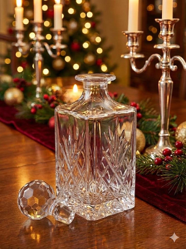 May include: A clear, square-shaped crystal decanter with a faceted stopper. The decanter features a diamond and leaf pattern. The image is set on a wooden table with a red runner, candles, and Christmas decorations in the background.