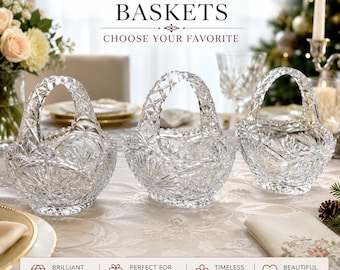 Vintage Heavy Cut Crystal Basket with Handle – Pinwheel & Starburst Pattern, Candy Dish, Wedding Centerpiece, Choose Your Favorite