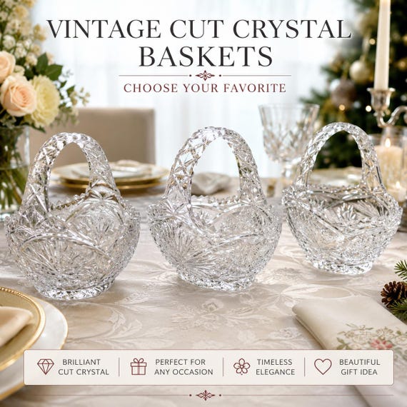 Vintage Heavy Cut Crystal Basket with Handle – Pinwheel & Starburst Pattern, Candy Dish, Wedding Centerpiece, Choose Your Favorite