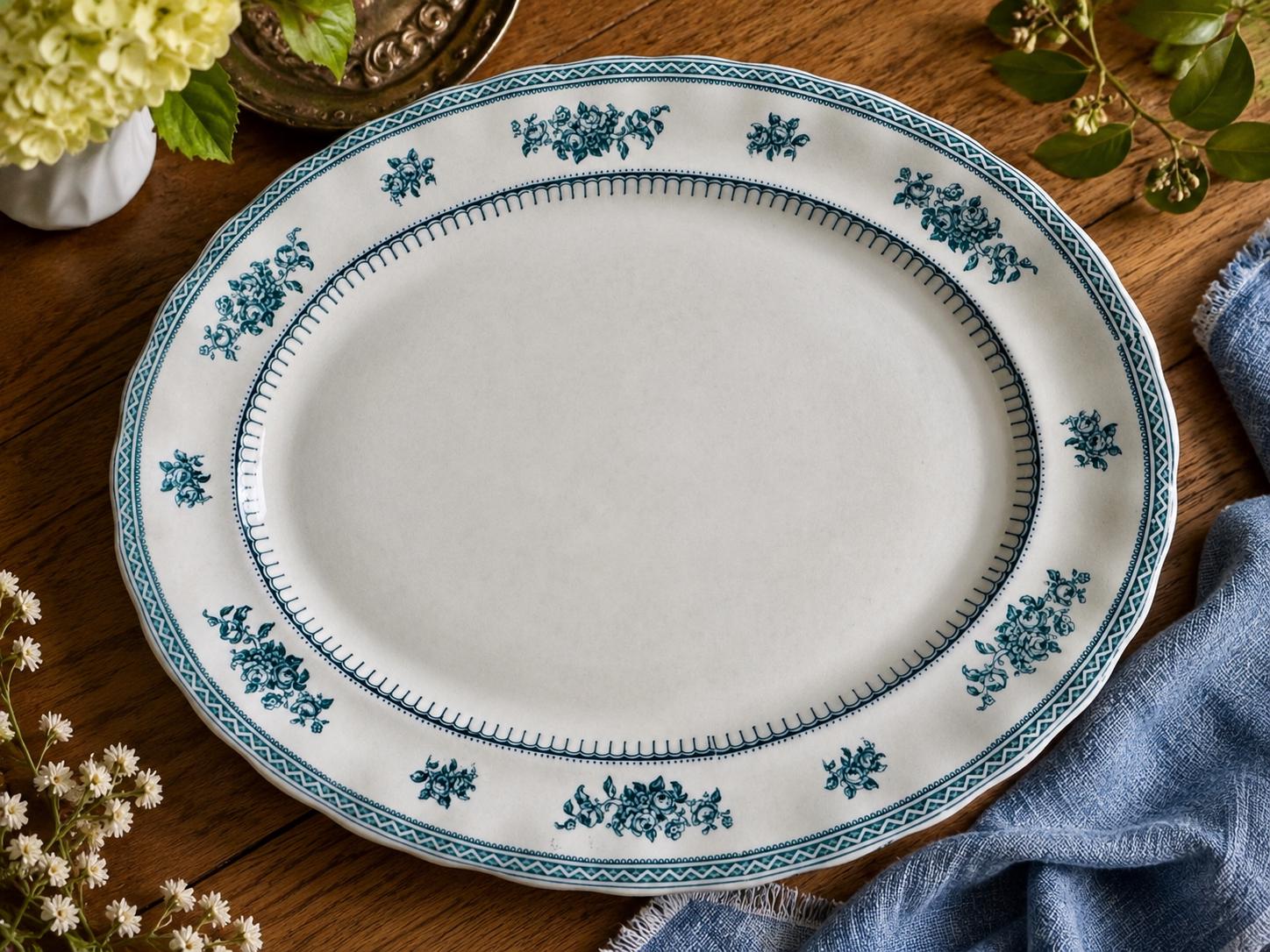 Antique English Platters — Ridgway Alexis or Losol Ware Shrewsbury — Rare Teal Transferware — England