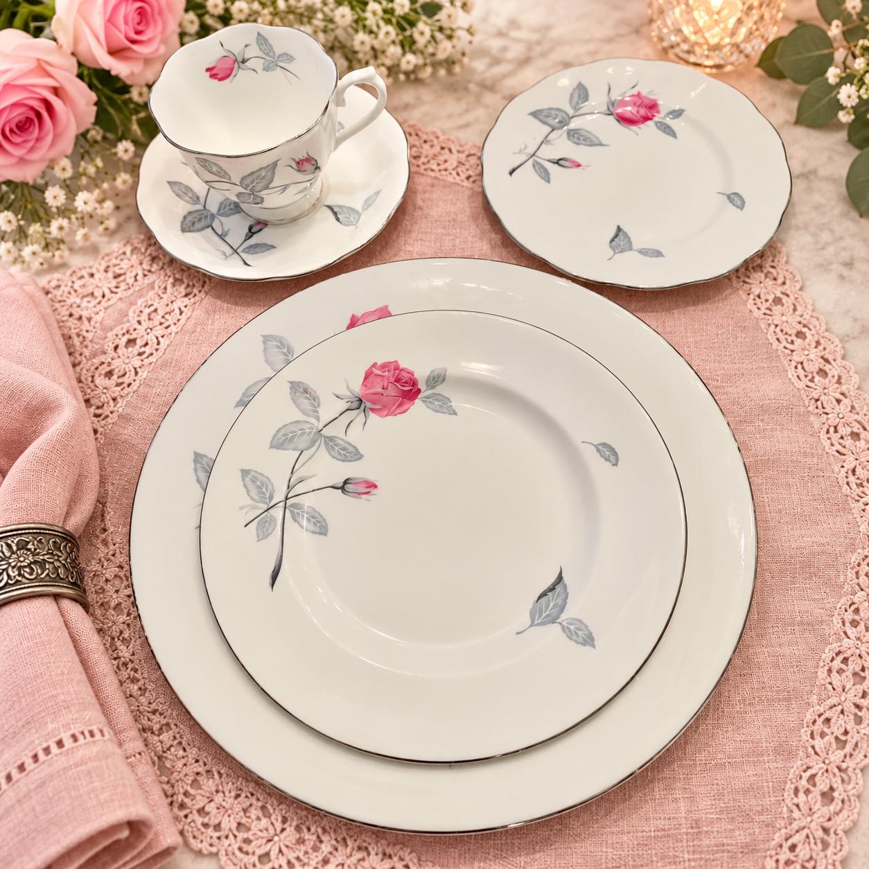 Vintage Royal Albert Trent Rose China | Dinner Place Setting, Tea Set & Serving Pieces | Pink Rose Silver Trim