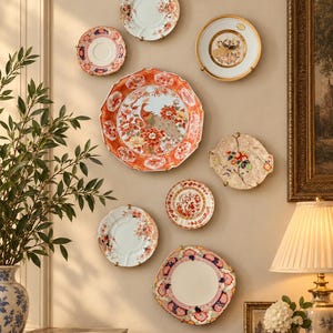 May include: A collection of nine decorative ceramic plates mounted on a wall, featuring various floral, bird, and geometric patterns in colors including red, gold, blue, and white, arranged in a cluster above a wooden table with books and a lamp.