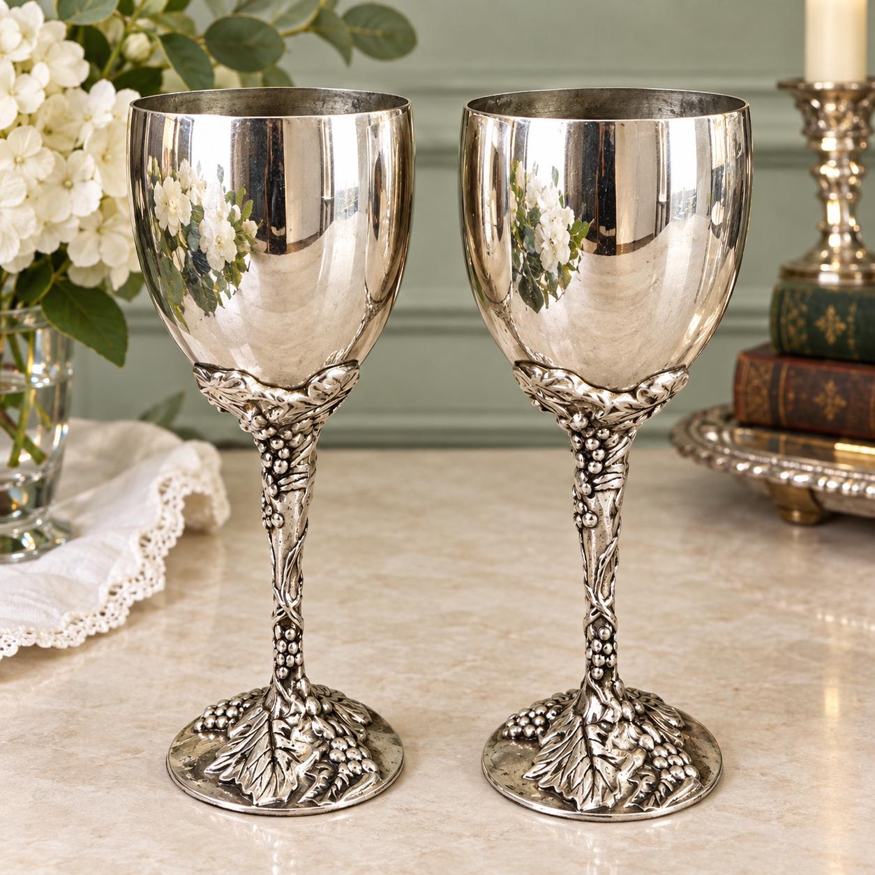 Godinger Silverplate Grape Vine Wine Goblets Set Of 2 Vintage Ornate Chalices