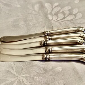 K&ouml;nnte beinhalten: Ein Set aus sechs silbernen Buttermessern. Die Messer haben eine gebogene Klinge und einen dekorativen Griff mit floralem Design. Die Messer sind in einer Reihe auf einer gemusterten Oberfl&auml;che angeordnet.