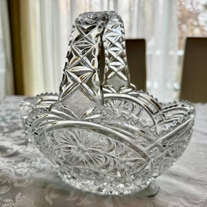 Vintage Heavy Cut Crystal Basket with Handle – Pinwheel & Starburst Pattern, Candy Dish, Wedding Centerpiece, Choose Your Favorite C Floral Basket 8.5”