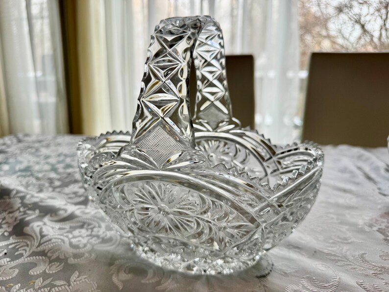 Vintage Heavy Cut Crystal Basket with Handle – Pinwheel & Starburst Pattern, Candy Dish, Wedding Centerpiece, Choose Your Favorite C Floral Basket 8.5”