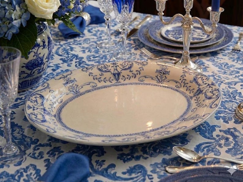 K&ouml;nnte beinhalten: Eine ovale Servierplatte mit cremefarbenem Mittelteil und blauem Blumenrand. Die Platte ist Teil einer Tischdekoration mit anderem blau-wei&szlig;em Porzellan, Kristallgl&auml;sern und einem Blumengesteck.