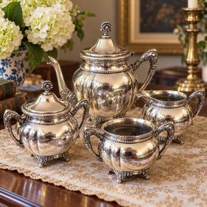 May include: A silver tea set consisting of a lidded teapot, a lidded sugar bowl, and an open creamer. Each piece features a polished metallic finish, ornate scrollwork handles, beaded detailing along the rims, and decorative tripod feet.