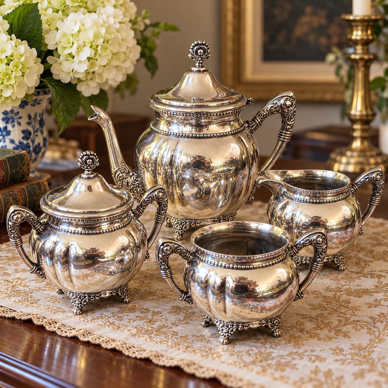 Antique: New Amsterdam Silver Co — Quadruple Plate Tea Set  Silverplate — Victorian Style — 4 Piece Set