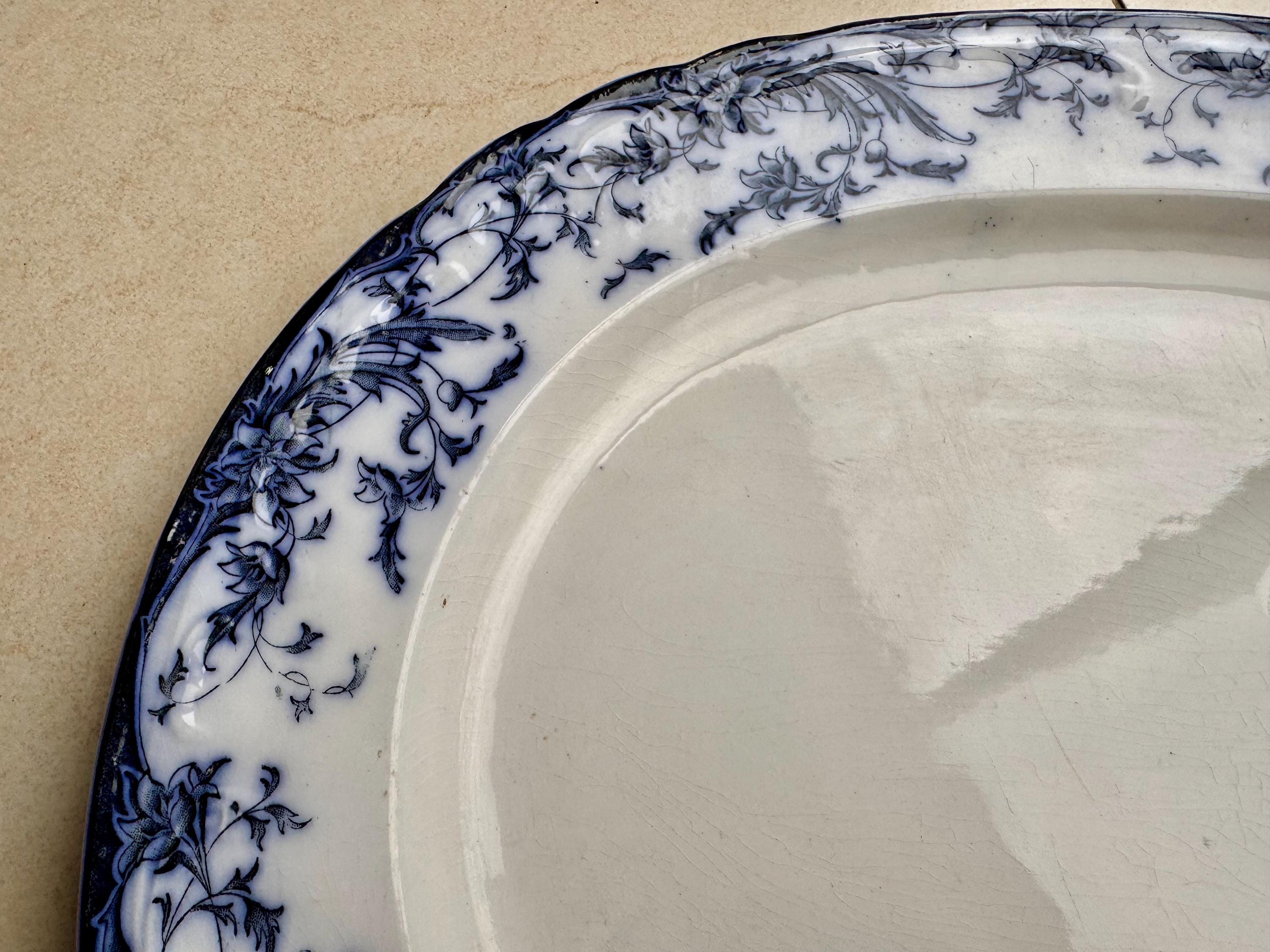 Antique 1880s Bridgwood Son Blue & White Transferware Oval Platter – 18 1/2” x 14 1/2”