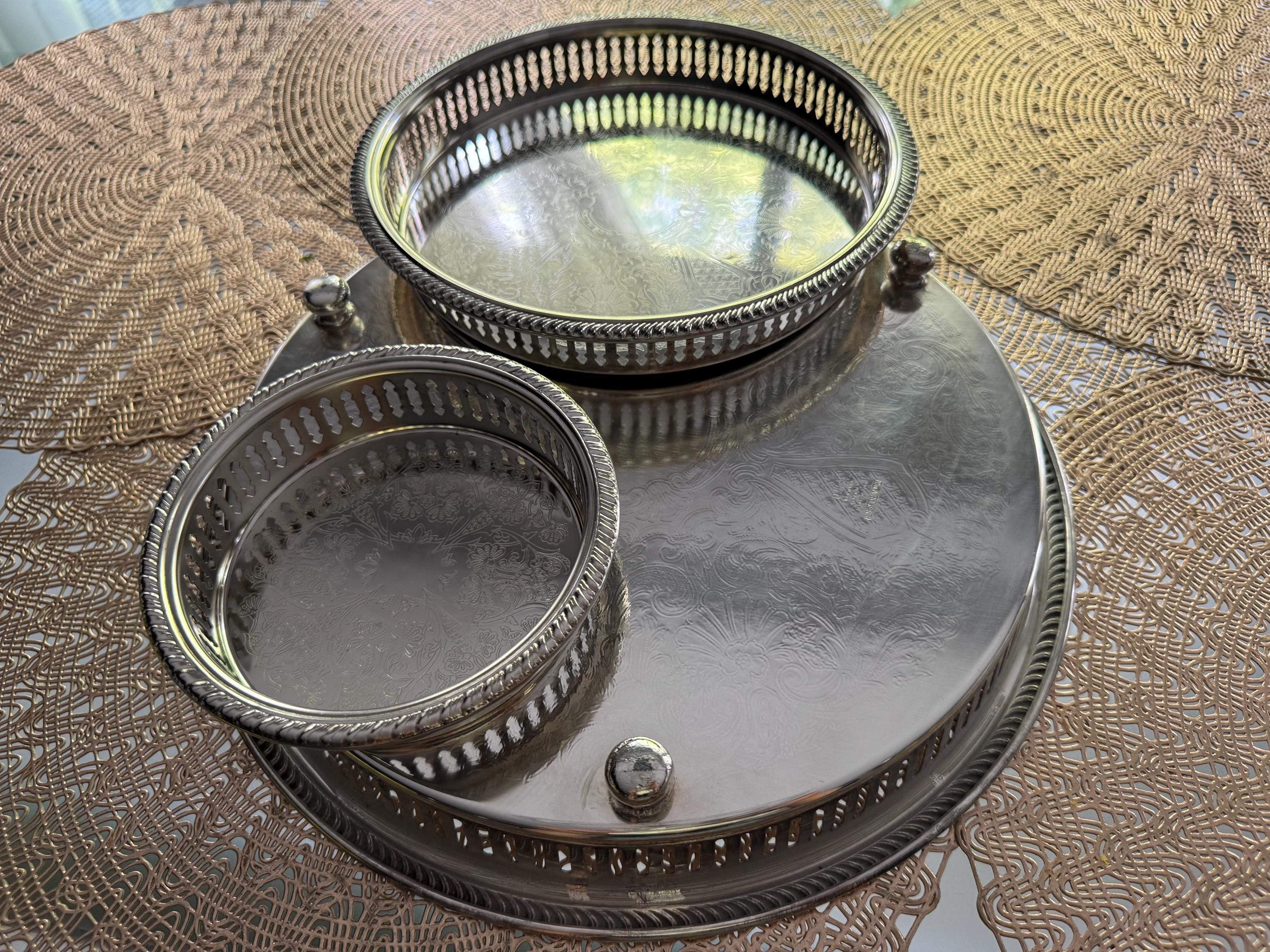 Vintage Silverplate Gallery Trays – Ornate Round Serving Trays with Pierced Sides