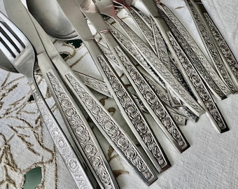 Vintage Stainless Steel Japan Flatware Set — Ornate Rose Pattern — Custom Sets Available