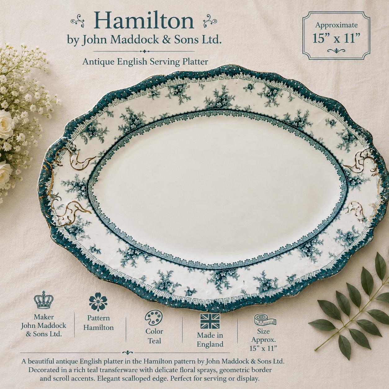 Antique Green or Teal Transferware Platters | English Serving Platters | Sold Individually