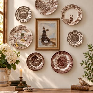 May include: A wall gallery featuring a central framed painting of a windmill surrounded by six decorative ceramic plates with brown and white transferware patterns depicting landscapes, a rabbit, and a turkey, arranged on a light wall.