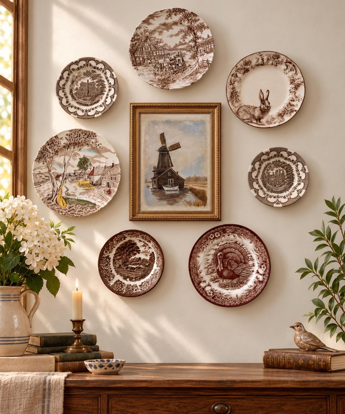 Vintage Brown Transferware Wall Gallery Plate Set or Oil Art —Cottagecore Wall Decor — 7 Plates