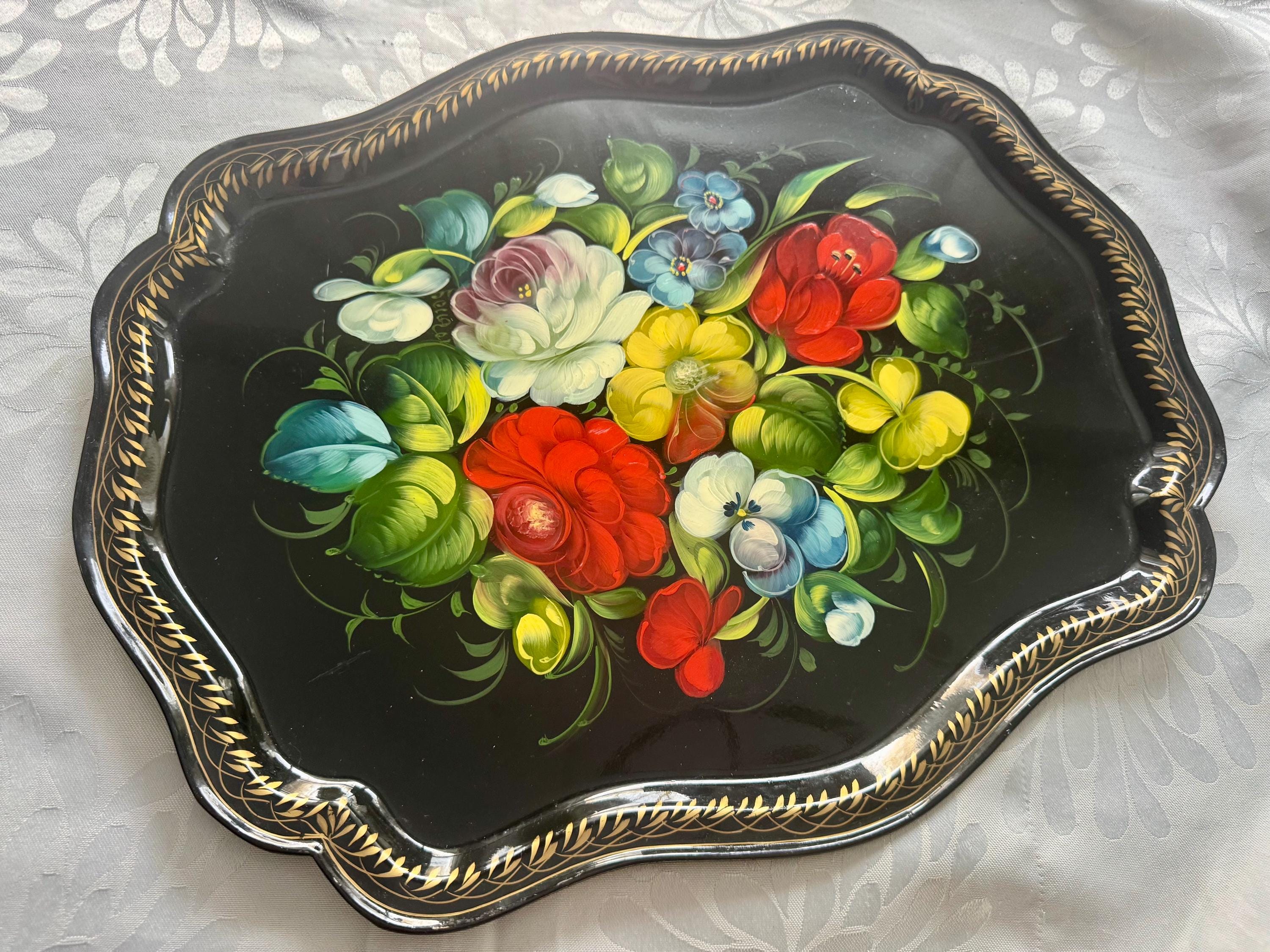 Vintage Soviet Hand-Painted Floral Tray – Zhostovo Style – Black Lacquer Metal – USSR Folk Art