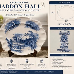 Op de afbeelding: Een Johnson Bros. Haddon Hall blauw-witte transferware schaal met een 16e-eeuwse Engelse sc&egrave;ne. De ovale schaal meet 35,56 cm lang bij 29,21 cm breed en is voorzien van een fabrieksmerk aan de onderzijde.