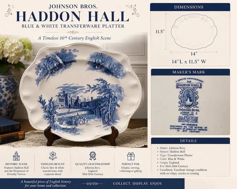Op de afbeelding: Een Johnson Bros. Haddon Hall blauw-witte transferware schaal met een 16e-eeuwse Engelse sc&egrave;ne. De ovale schaal meet 35,56 cm lang bij 29,21 cm breed en is voorzien van een fabrieksmerk aan de onderzijde.
