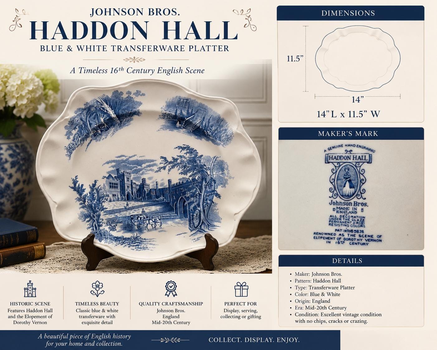 Vintage Johnson Brothers “The Old Mill” | 14” Serving Platter | English Transferware | Thanksgiving Platter | Wall Decor