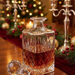 May include: A clear, square-shaped crystal decanter with a diamond pattern, filled with amber liquid. The stopper is beside the decanter. The background includes a Christmas tree, candles, and a silver candelabra.