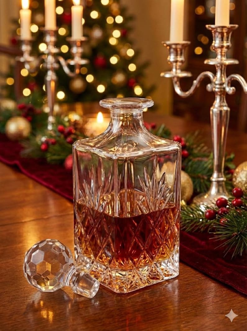 May include: A clear, square-shaped crystal decanter with a diamond pattern, filled with amber liquid. The stopper is beside the decanter. The background includes a Christmas tree, candles, and a silver candelabra.