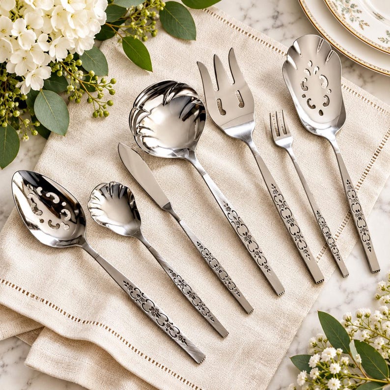 May include: A set of six stainless steel serving utensils featuring ornate floral scrollwork on the handles. The collection includes a slotted spoon, a small shell-shaped spoon, a butter knife, a large ladle, a three-tined fork, and a pierced server.