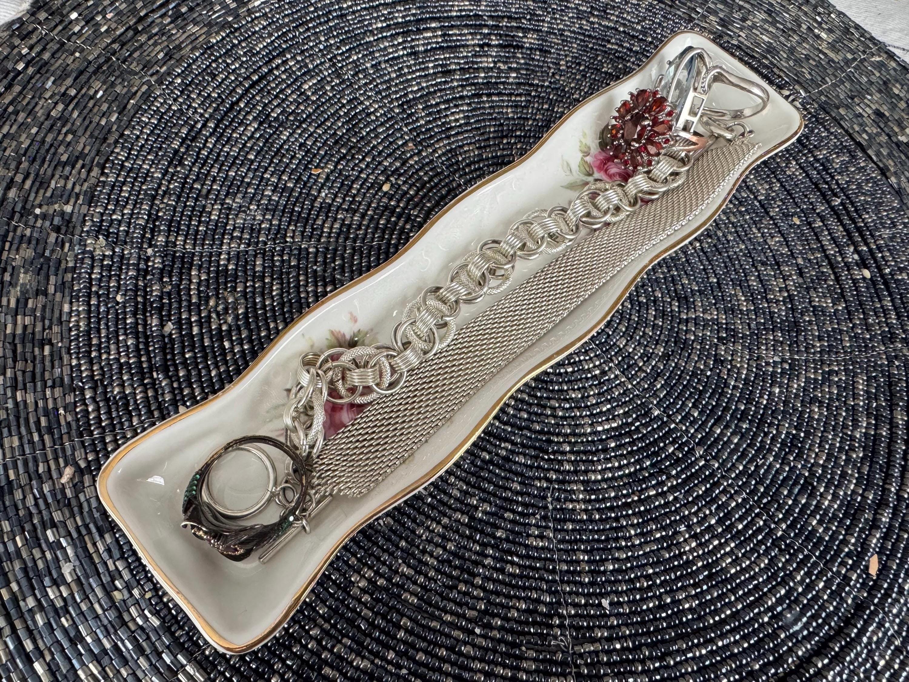 Vintage English Bone China Olive Tray: Pink Roses, Gold Trim