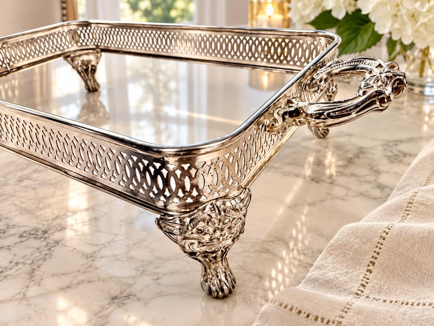 Vintage Silverplate Footed Gallery Tray / Decorative Book Holder