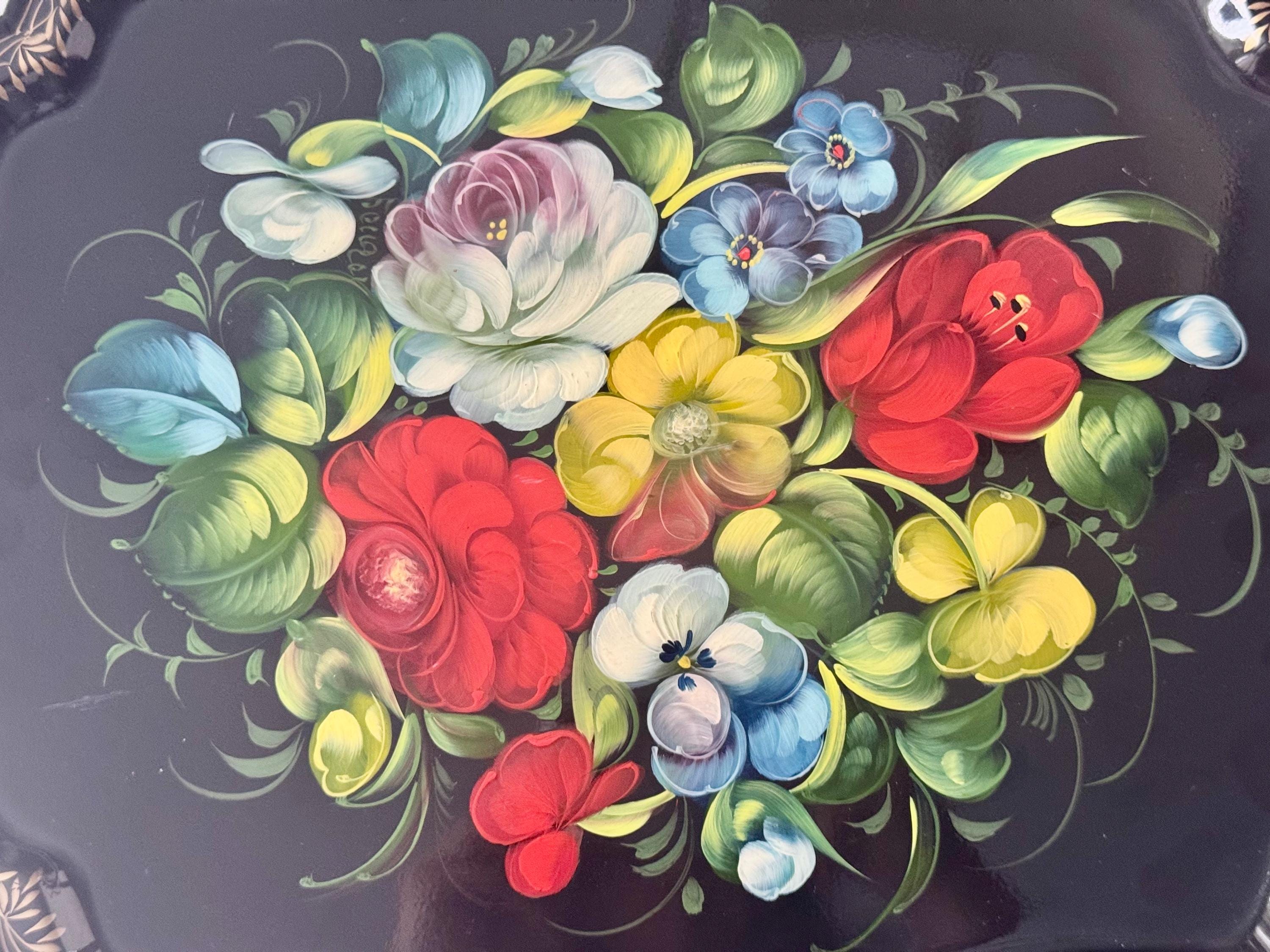 Vintage Soviet Hand-Painted Floral Tray – Zhostovo Style – Black Lacquer Metal – USSR Folk Art