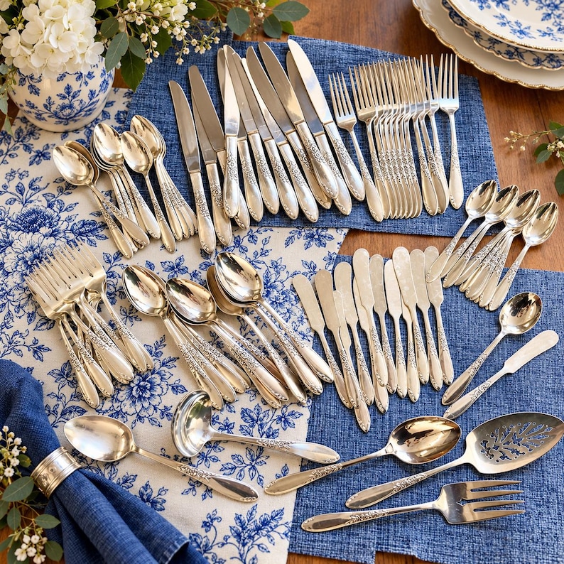 May include: A large silver flatware set featuring ornate floral detailing on the handles. The collection includes various sizes of forks, knives, and spoons, along with a ladle, a slotted serving spoon, and a serving fork, all arranged on a blue cloth.